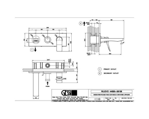Gessi Rilievo Встраиваемый смеситель для ванной на 2 источника, с изливом 169мм и переключателем, внешняя часть, цвет: хром. 59138#031