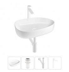 Накладная раковина для ванной комнаты Wellsee Belle Spa 3.0 20212728R в наборе 4 в 1: раковина белый глянец, донный клапан, сифон, смеситель (цвет набора матовый белый)