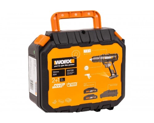 Дрель-шуруповерт аккумуляторная WORX WX108, 45Нм, 20В, 2Ач x2, ЗУ 2А, кейс