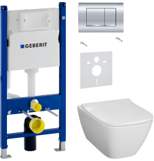 Комплект Унитаз подвесной Geberit Smyle Square 500.683.01.1 с крышкой-сиденьем с микролифтом + Шумоизоляция 156.050.00.1 + Инсталляция Duofix Delta 458.163.21.1 с кнопкой смыва, хром