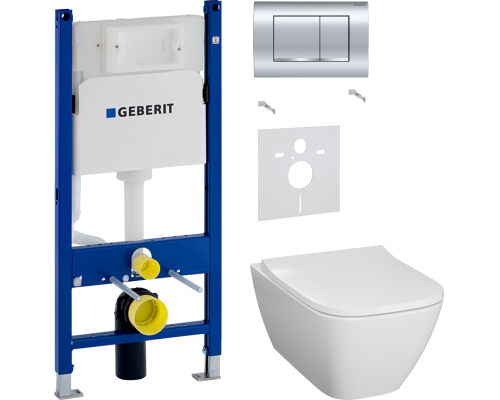 Комплект Унитаз подвесной Geberit Smyle Square 500.683.01.1 с крышкой-сиденьем с микролифтом + Шумоизоляция 156.050.00.1 + Инсталляция Duofix Delta 458.163.21.1 с кнопкой смыва, хром