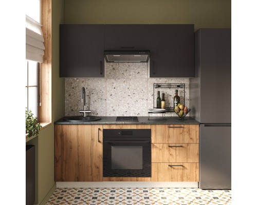 Кухонный гарнитур Domaci Болонья 180 см, фасад дуб вотан, графит, ручка черная, столешница луна KUH-767456