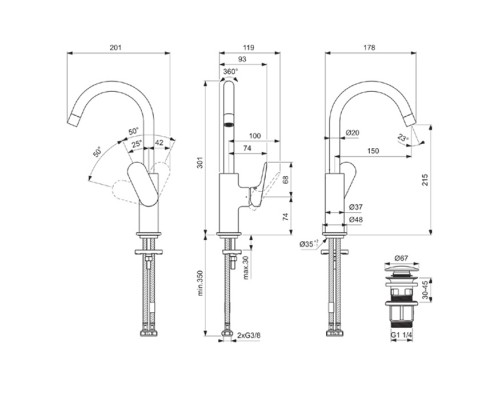 Ideal Standard Ceralife O Смеситель для раковины, на 1 отв., H21.5см., с поворотным изливом, с донным клапаном, цвет: хром. BE016AA