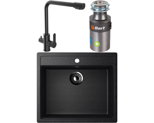 Комплект Мойка кухонная Ulgran U-104 -308 черная + Смеситель Domaci Равенна TR-01b + Измельчитель Bort Titan 4000 Plus