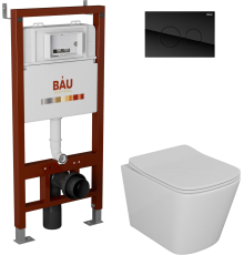 Комплект Унитаз подвесной Bauedge Bau Stil безободковый, с микролифтом + Инсталляция Bau Pro + Кнопка Dream, черная