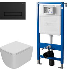 Комплект Унитаз подвесной Point Меркурий PN41831WM белый матовый, безободковый, с микролифтом + Инсталляция PN45122 с контейнером для гигиенических таблеток + Кнопка PN44831BM черная матовая