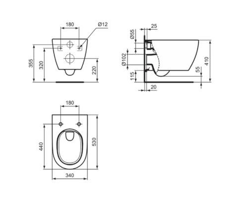 Ideal Standard I.life O Унитаз подвесной 35x53см, безободковый, смыв HydroTwist, крепление EasyFix+, цвет: белый. T568001