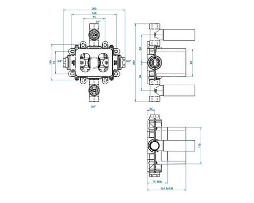 THG Термостат  3/4 - 60 л/мин с восковым картриджем и коробкой для встраивания, с двумя запорными вентилями. G00-A00-5400AE