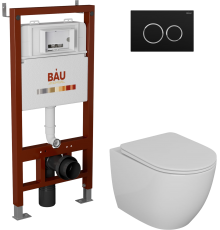 Комплект Унитаз подвесной Bauedge Bau Dream безободковый, с микролифтом + Инсталляция Bau Pro + Кнопка Dream, черная матовая