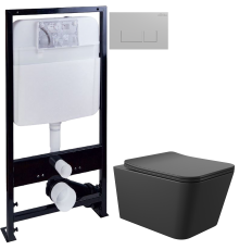 Комплект Унитаз подвесной Aqueduto Macio MAC0140 безободковый, с микролифтом, черный матовый + Инсталляция EWRIKA ProLT 0026-2020 + Кнопка 0040 хром матовый