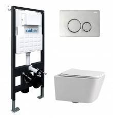Комплект Abber Rechteck AC1201-AC0105-AC0121, Унитаз подвесной безободковый, с микролифтом + Система инсталляции + Кнопка смыва хром