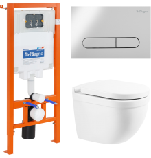 Комплект Унитаз подвесной BelBagno Senso-R BB017CHR безободковый, крышка BB865SC, инсталляция BB002-80 с кнопкой BB005-PR-CHROME