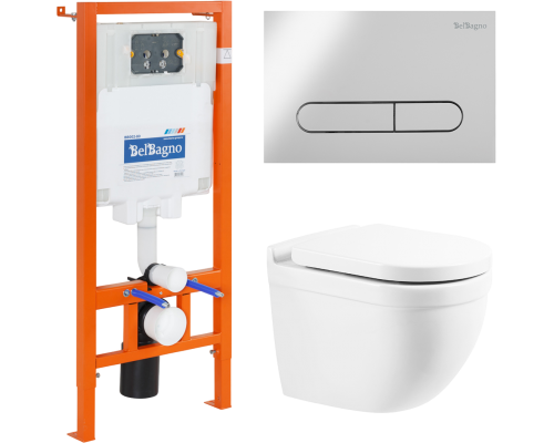 Комплект Унитаз подвесной BelBagno Senso-R BB017CHR безободковый, крышка BB865SC, инсталляция BB002-80 с кнопкой BB005-PR-CHROME