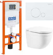 Комплект Унитаз подвесной BelBagno Senso-R BB017CHR безободковый, крышка BB865SC, инсталляция BB002-80 с кнопкой BB014-SR-BIANCO