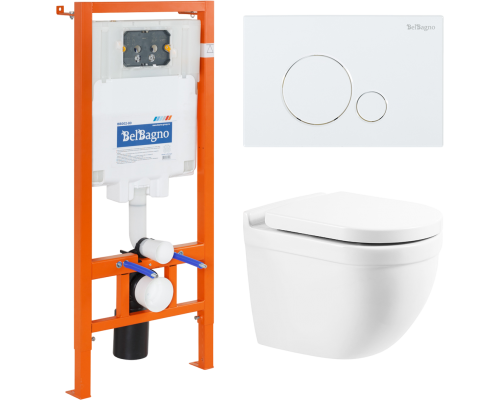 Комплект Унитаз подвесной BelBagno Senso-R BB017CHR безободковый, крышка BB865SC, инсталляция BB002-80 с кнопкой BB014-SR-BIANCO