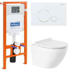 Комплект Унитаз подвесной BelBagno Sfera-r BB046CHR безободковый, крышка BB2111SC, инсталляция BB002-80 с кнопкой BB014-SR-BIANCO