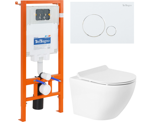 Комплект Унитаз подвесной BelBagno Sfera-r BB046CHR безободковый, крышка BB2111SC, инсталляция BB002-80 с кнопкой BB014-SR-BIANCO