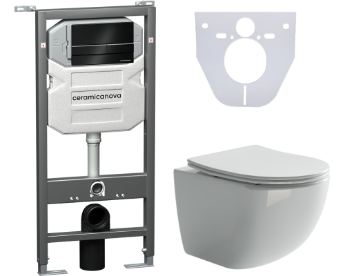 Комплект Унитаз подвесной Ceramicanova Forma CN3009 безободковый, с микролифтом + Инсталляция Envision CN1002B + Кнопка Flat, черная матовая