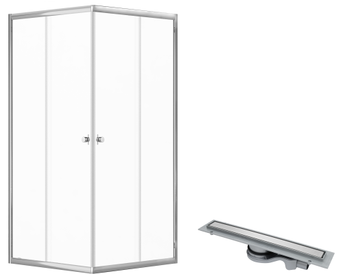 Комплект Душевой уголок DIWO Анапа 90х90, профиль хром глянец + Лоток CK DRAIN 1105-00155 55 см, с мокрым затвором, щелевой, из нержавеющей стали, с решеткой