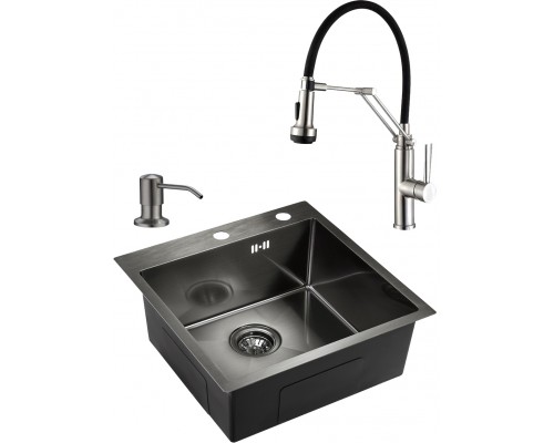 Комплект  Мойка кухонная Domaci Равенна PVD DMB-117A черная, металлическая, квадратная, встраиваемая, российская + Дозатор для кухонной мойки Domaci Р