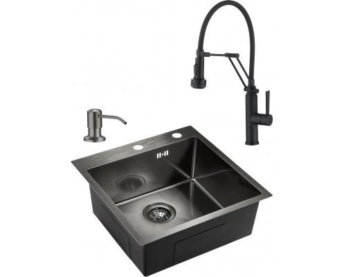 Комплект  Мойка кухонная Domaci Равенна PVD DMB-117A черная, металлическая, квадратная, встраиваемая, российская + Дозатор для кухонной мойки Domaci Р