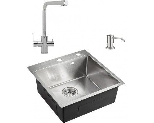 Комплект  Мойка кухонная Domaci Равенна PVD DMB-117A брашированная сталь + Дозатор для кухонной мойки Domaci Равенна 401 сатин + Смеситель для кухни D