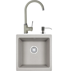 Комплект Мойка кухонная Domaci Солерно DMQ-1455.Р барит, 45х46 см, квадратная, накладная, кварцевая, серая + Смеситель DC-3004 барит + Дозатор 401 барит