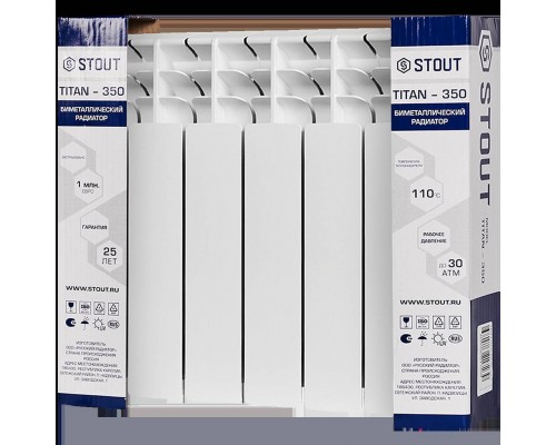 Радиатор биметаллический STOUT TITAN 350 6 секций боковое подключение (белый RAL 9016) SRB-3310-035006 (SRB-3310-035006)