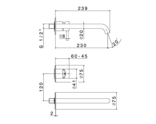 Newform X-STEEL 316 Смеситель для раковины, встраиваемый, без донного клапана, излив 239мм, наружная часть, цвет: INOX. 69630EX.50.050