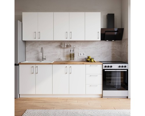 Кухонный гарнитур Domaci Болонья 260 см, фасад белый, ручка хром, столешница дуб вотан KUH-1008359