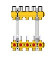 Комплект коллекторов для комплектации смесительного узла R557R-1, 1x3/4/10, предварительно собранный на кронштейнах, с расходомерами (0,5-5 л/мин.). Латунный. Для подключения трубы медной, пластиковой, металлопластиковой, использовать соответствующие ад