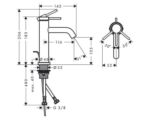 Hansgrohe Tecturis S Смеситель для раковины, на 1 отв., донным клапаном, цвет: хром. 73310000 Hansgrohe Tecturis S Смеситель для раковины, на 1 отв., донным клапаном, цвет: хром. 73310000