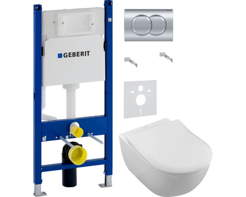 Комплект Унитаз подвесной Villeroy   Boch Subway 2.0 5614 R001 + Крышка 9M78S101 с микролифтом, петли хром + Инсталляция Geberit Duofix Delta 458.149.21.1 с кнопкой смыва, хром + Шумоизоляция 156.050.00.1