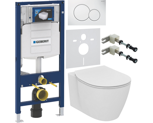 Комплект Унитаз подвесной Ideal Standard Connect AquaBlade E047901 + Крышка E772401 с микролифтом + Инсталляция Geberit Duofix UP 320 111.300.00.5 + Кнопка Sigma 01 115.770.11.5 белая + Крепления 111.815.00.1 к стене + Шумоизоляция 156.050.00.1