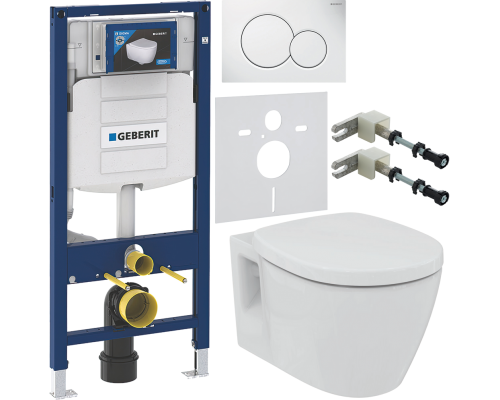 Комплект Унитаз подвесной Ideal Standard Connect E803501 + Крышка E712701 с микролифтом, петли хром + Инсталляция Geberit Duofix UP 320 111.300.00.5 + Кнопка Sigma 01 115.770.11.5 белая + Крепления 111.815.00.1 к стене + Шумоизоляция 156.050.00.1
