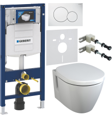 Комплект Унитаз подвесной Ideal Standard Connect E781901 с функцией биде + Крышка E712701 с микролифтом, петли хром + Инсталляция Geberit Duofix UP 320 111.300.00.5 + Кнопка Sigma 01 115.770.11.5 белая + Крепления 111.815.00.1 к стене + Шумоизоляция 156.0