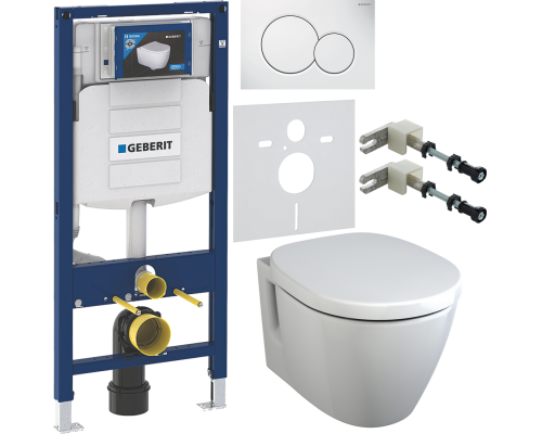 Комплект Унитаз подвесной Ideal Standard Connect E781901 с функцией биде + Крышка E712701 с микролифтом, петли хром + Инсталляция Geberit Duofix UP 320 111.300.00.5 + Кнопка Sigma 01 115.770.11.5 белая + Крепления 111.815.00.1 к стене + Шумоизоляция 156.0