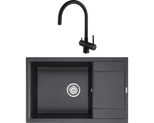 Комплект Мойка кухонная Paulmark Flugen 60 PM317850-BL черная + Смеситель Heller He213218-418 черный металлик