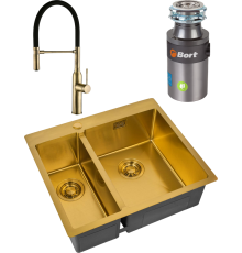 Комплект Мойка кухонная Zorg Light ZL R 590-2-510-R BRONZE R, бронза + Смеситель Steel Hummer SH 2022 BRONZE бронза + Измельчитель Bort Titan 4000 Plus