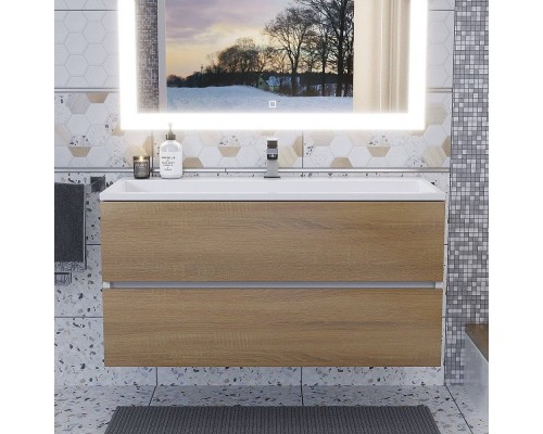 Тумба с раковиной Uperwood Barsa 100 подвесная, белая, дуб сонома, раковина белая