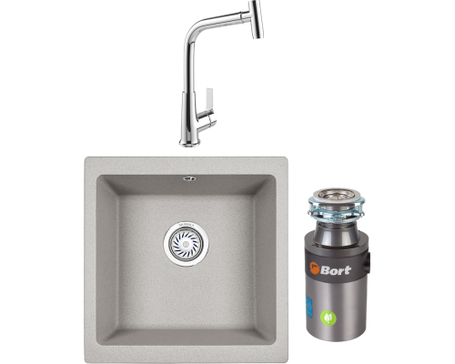 Комплект Мойка кухонная Granula 4451, базальт + Смеситель MEGA Life MG-TK09 хром + Измельчитель Bort Titan 4000 Plus