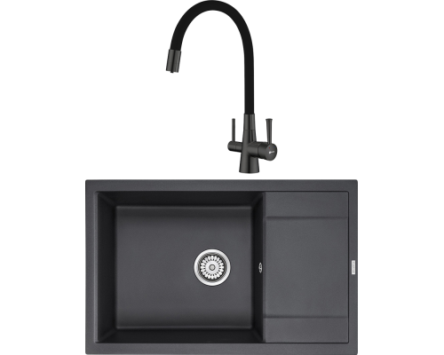 Комплект Мойка кухонная Paulmark Flugen 60 PM317850-BL черная + Смеситель Lemark Comfort LM3075GM никель, черный