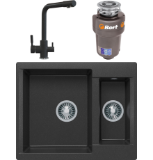 Комплект Мойка кухонная Polygran Brig 620 черная + Смеситель Высокий Дуо 627505 черный + Измельчитель Bort Titan 5000