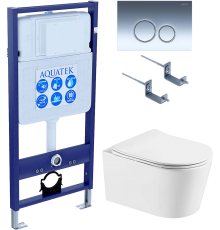 Комплект Унитаз подвесной AQUATEK Оберон Т AQ1365T-00 безободковый, с микролифтом + Инсталляция Standard INS-0000012 + Комплект креплений KKI-0000002 + Кнопка KDI-0000018 глянцевый хром