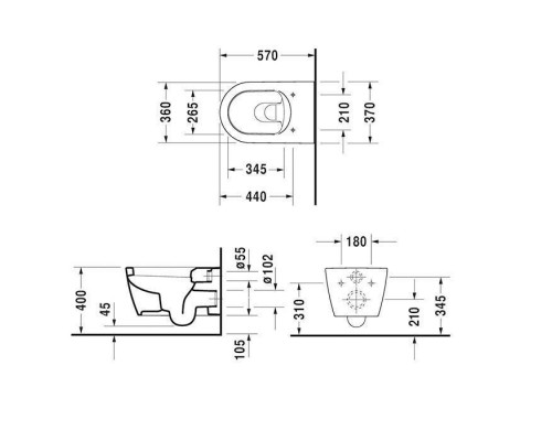 Duravit ME by Starck Унитаз подвесной, 37x57см., с вертикальным смывом, вкл. крепление Durafix, цвет: белый матовый. 2528092600