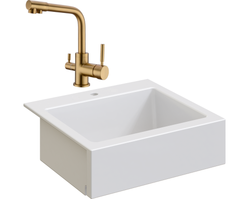 Комплект Мойка кухонная Domaci Сиена 50166-101 с 1 отверстием, белый глянец + Смеситель Равенна DCB 3003 золото