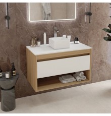 Тумба с раковиной Teymi Ritta 85, дуб эврика, матовая белая, раковина Helmi Mini 24