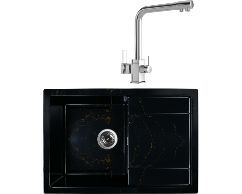 Комплект Мойка Wisent WB27-14 мрамор черно-золотой + Смеситель MEGA Life MG-TK06 хром