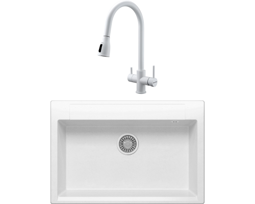 Комплект Мойка кухонная Polygran Argo 760 белый хлопок + Смеситель Paulmark Lange 214212-431 белый матовый