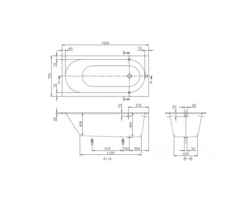 VilleroyBoch Oberon Ванна встраиваемая 160x75x45см, прямоугольная, цвет: белый. UBQ160OBE2V-01